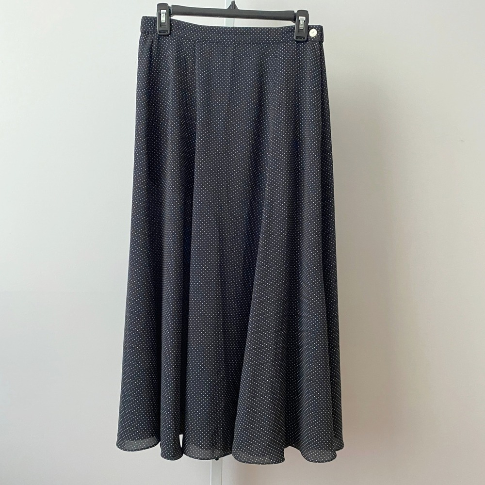 Liz Claiborne S Black Polka Dot Midi Skirt Chiffon Flowy A-Line Career Classic